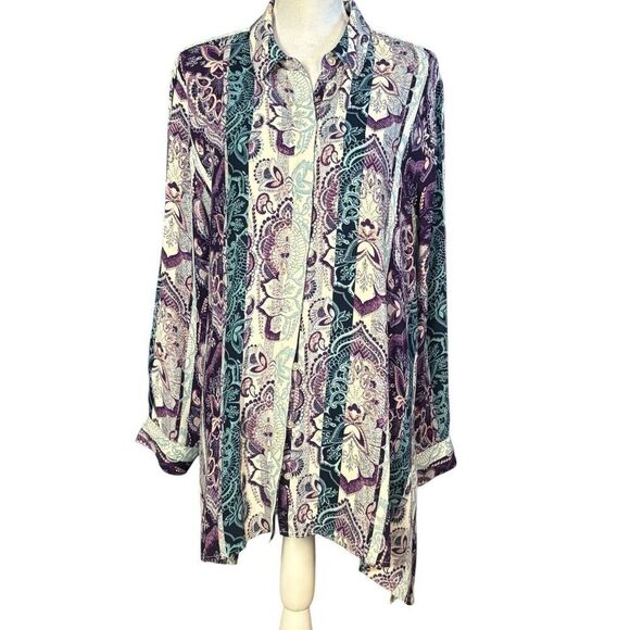 Chico's Tunic Size Extra Large Purple Button Down Boho Paisley Whimsygoth Artsy - Picture 2 of 8
